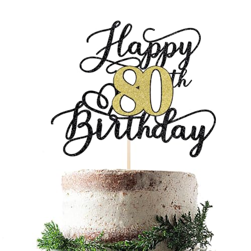 80th Birthday Cake Topper - Black Gold Glitter Decoration