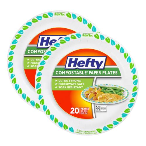 Hefty 10 Inch Compostable Paper Plates Pack of 3 - 20 Count Stylish & Soak-Resistant Disposable Dinnerware