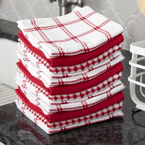 T-Fal 100% Cotton Waffle Dish Cloths - Highly Absorbent Kitchen Towels, Red