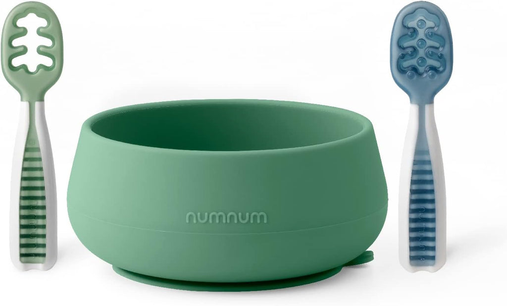 NumNum Baby Bowl Set - 2 Pack GOOtensils Baby Spoons with Extra Strong Non-Slip Suction | 100% Food-Grade Silicone, BPA-Free, Microwave & Dishwasher Safe (Green/Blue)