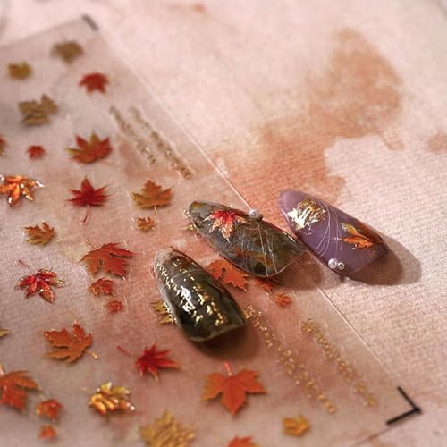 5D Embossed Maple Leaf Nail Stickers Gold Fall Nail Decals Art Supplies