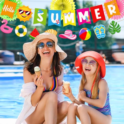 Summer Party Decorations Set with Banner, Garlands, Swirls & Paper Fans