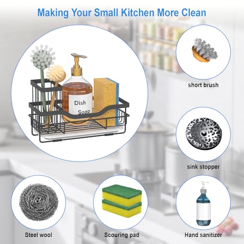 Rustproof Kitchen Sink Sponge Holder with Drain Tray & Brush Holder