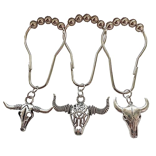 Western Cow Shower Curtain Hooks - 12 Metal Bull Skull Hooks