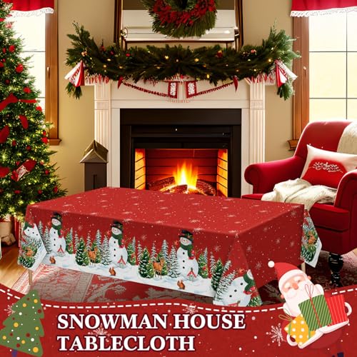 Peryiter Christmas Snowman Tablecloth Set - 2 Pieces 54x108 Inch Red Winter Table Cover