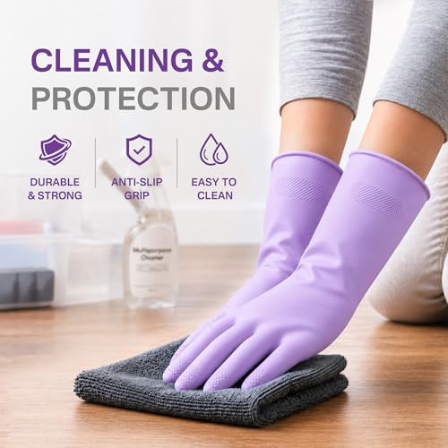 Gennethly Purple Medium Cleaning Rubber Gloves - Waterproof Non-Slip Cuff