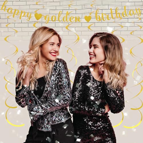 Happy Golden Birthday Banner with Metallic Foil Swirls