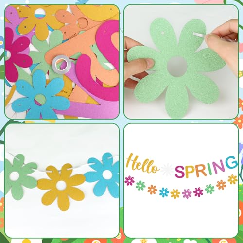 Hello Spring Glitter Banner with Daisy Flower Garland - Colorful Party Decoration