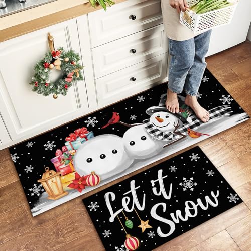 Black Let It Snow Christmas Kitchen Rug Set - 2 Piece Winter Decor