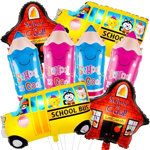 8 PCS Back to School Balloons Set - School Bus & Pencil Foil Decorations