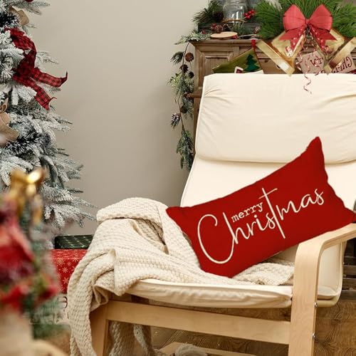 Merry Christmas Pillow Cover 12x20 - Red Outdoor Lumbar Cushion