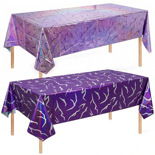 Iridescent Holographic Tablecloth 2-Pack, Purple Lightning Party Table Cover