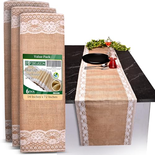 6 Pack Burlap Lace Table Runners 14x72 Inches No-Fray Natural Decor