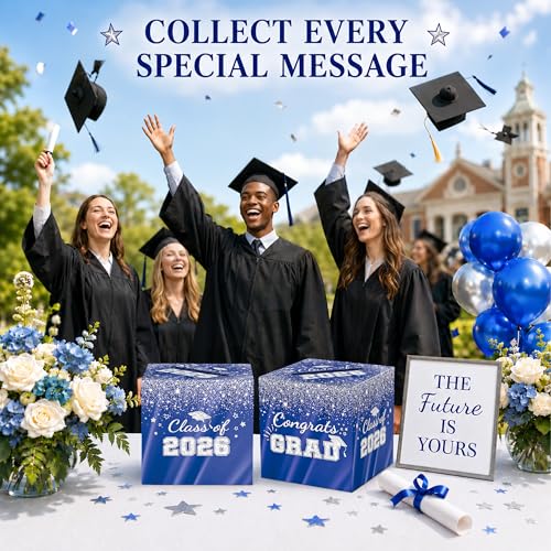 Blue Silver Graduation Card Box - 2026 Glitter Party Decor 8.7"