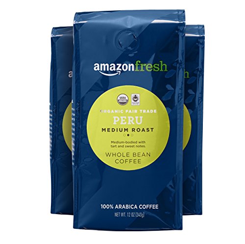 Amazon Fresh Organic Peru Whole Bean Coffee, Medium Roast, 12 Oz (Pack of 3)