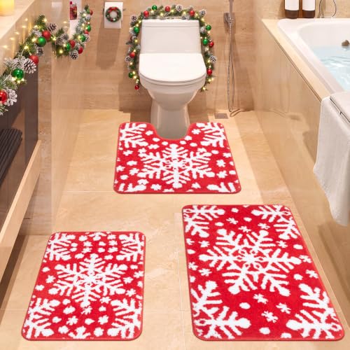 Nuanchu Christmas Snowflake Bathroom Rug Set - Red Non-Slip Holiday Bath Mats