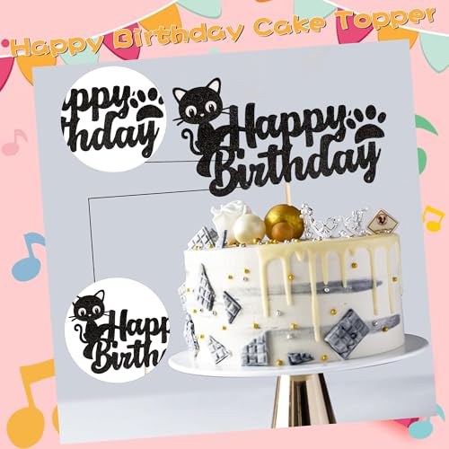 Black Cat Happy Birthday Cake Topper - Glitter Party Decoration