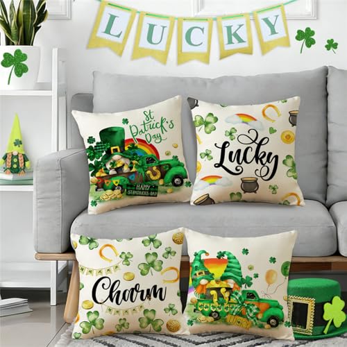 St. Patrick's Day Pillow Covers Set of 4 - Shamrock Gnome Design