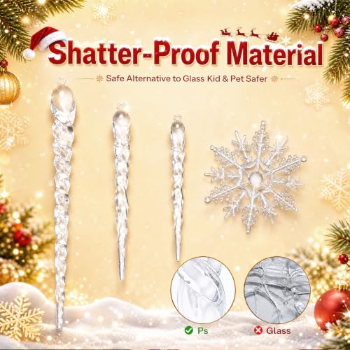 49Pcs Christmas Tree Ornaments Set - Crystal Icicles & Snowflakes, Safe Shatterproof Material
