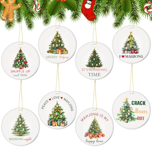 Christmas Mahjong Ornament Set - 8 Ceramic Holiday Decorations for Tree