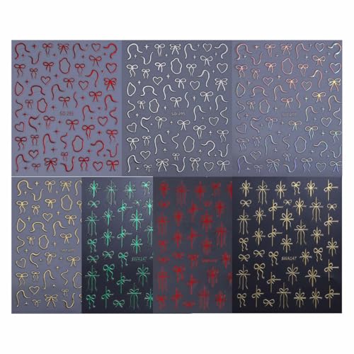 SWEET TREND Christmas Bow Nail Art Stickers - 7 Sheets Festive Red & Green Ribbon Decals