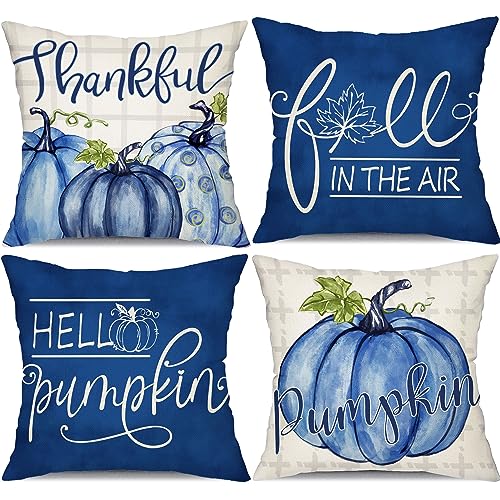 Blue Pumpkin Fall Pillow Covers 18x18 Inch, Set of 4 Buffalo Plaid Autumn Decor