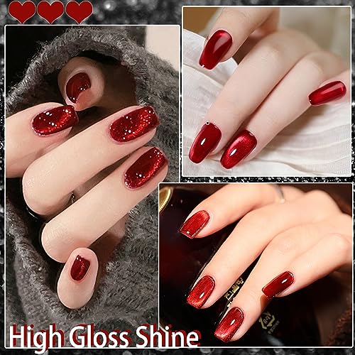 AHAMIOU Ruby Red Cat Eye Gel Polish Set with Magnetic Stick