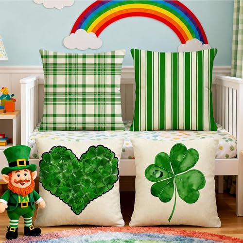 St Patrick's Day Pillow Covers Pack of 4 - Green Heart & Stripes 18x18