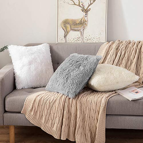 ANRODUO Faux Fur Throw Pillow Covers - 18x18 Inch White, Set of 2