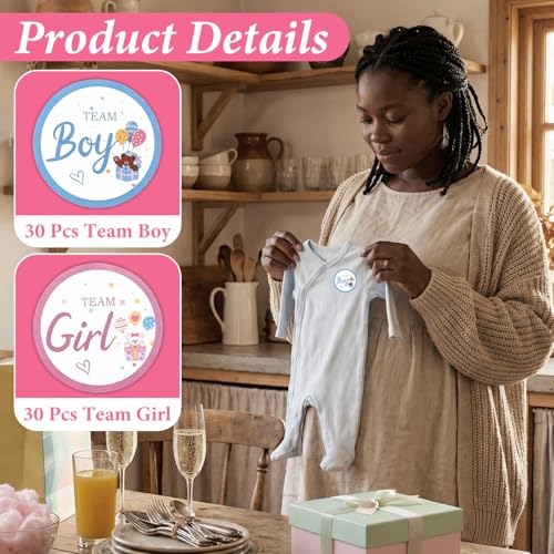 Tyqour 60PCS Gender Reveal Stickers - Team Boy & Girl Cupcake Toppers
