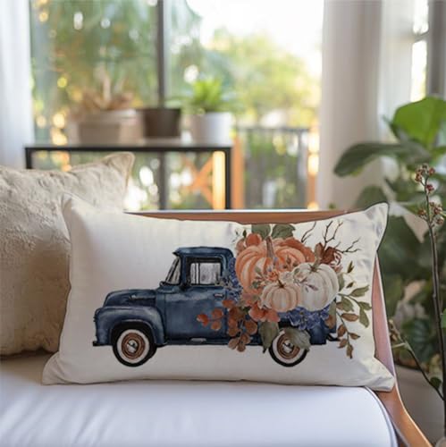 PANDICORN Navy Blue Fall Throw Pillow Cover 12x20 - Floral Pumpkin Design for Home Decor