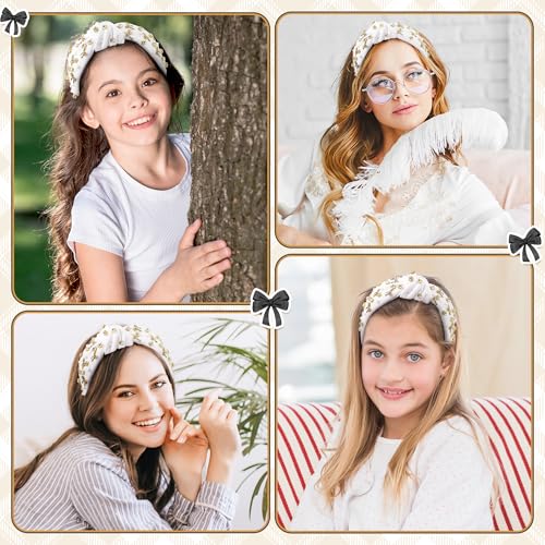 PANTIDE Rhinestone Jeweled Knotted Headband with Black Bow - White