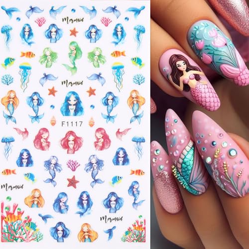 SIMAYKUWA Summer Ocean Nail Stickers Mermaid Dolphin Decals 4 Sheets