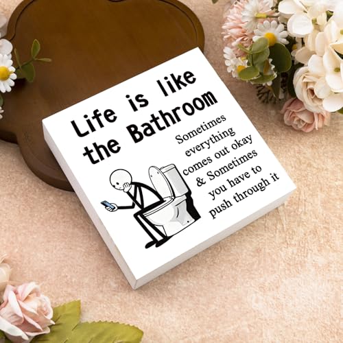 Funny Bathroom Sign Decor - Inspirational Wooden Shelf Art