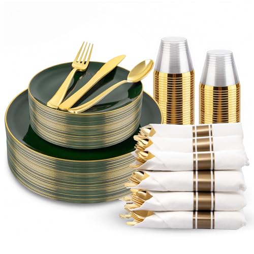 175PCS Green Plastic Plates with Gold Rim - Heavy Duty Disposable Party Dinnerware