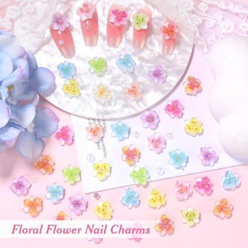 3D Flower Nail Charms with Pearls and Caviar Beads - 100 Pcs