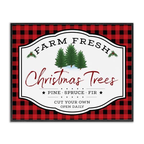 Farm Fresh Christmas Tree Plaid Sign Framed Giclée Print - Midnight Black Textured, 24x30 Inches