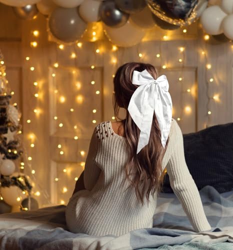 MDSTYLE Large Silky Satin Hair Bow Clip - White Oversized Ribbon