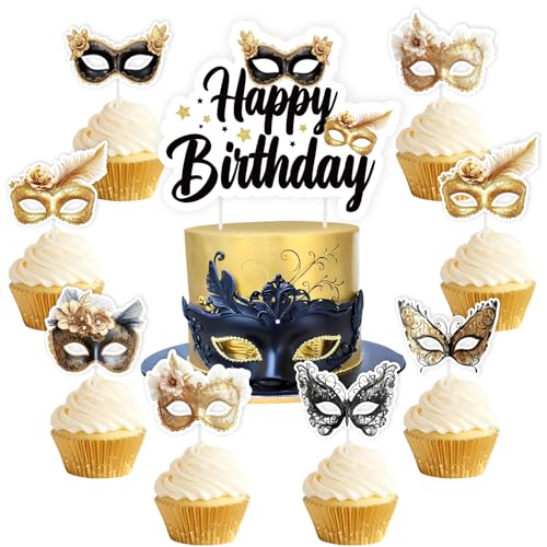 Black Gold Masquerade Cake Decorations - 25 Pcs Set for Birthdays