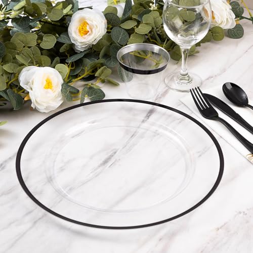 100 Pack 12-Inch Clear Charger Plates with Black Rim - Elegant Disposable Tableware