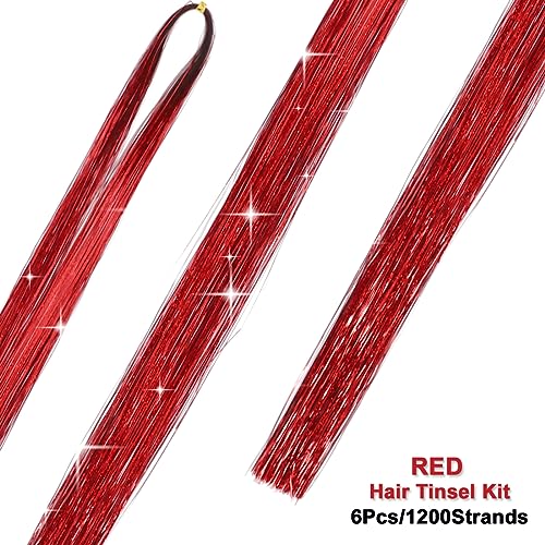 Red Hair Tinsel Kit with Tools & 1200 Strands Heat Resistant Fairy Glitter Extensions