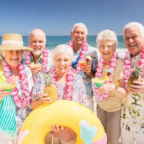 Suncalla 12-Piece Hawaiian Lei Garland Set - Pink and White Tropical Flowers