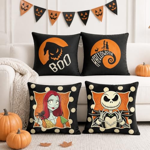 Veloranty 4-Piece Halloween Throw Pillow Covers, 18x18 Inch Cotton Linen