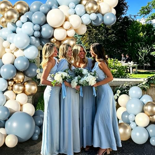 Dusty Blue Gold Balloon Garland Arch Kit - 128 Pieces for Parties