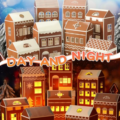 Large 8-Inch Christmas Cardboard Village Houses Set with LED Candles - Brown / Gingerbread