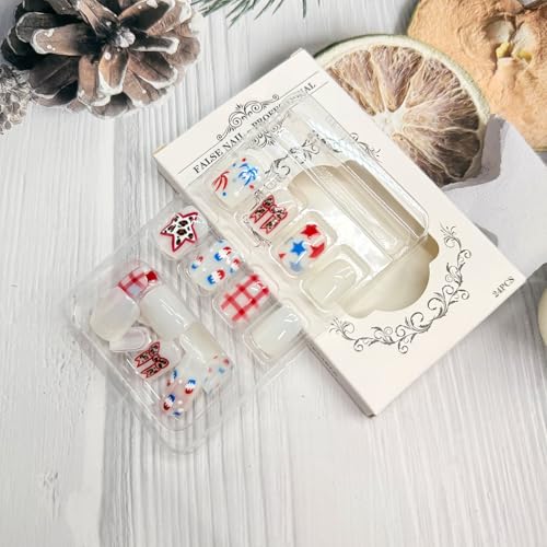 Independence Day Short Square Press on Nails with Bow and Star Designs