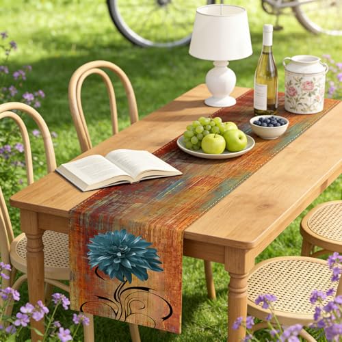 Rust and Blue Chenille Table Runner 13 x 72 Inches for Dining & Home Decor
