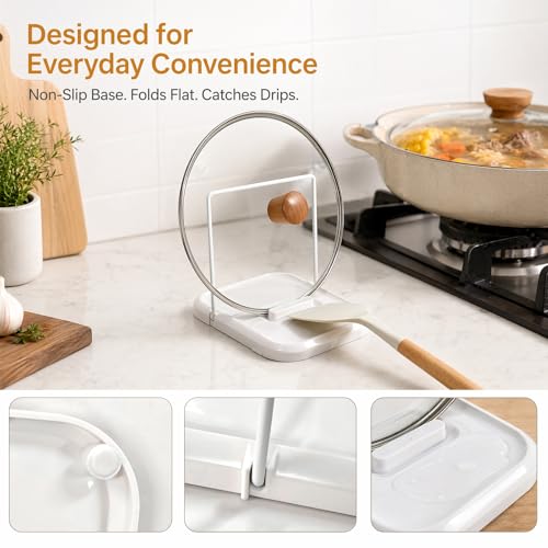 White 2-in-1 Foldable Pot Lid Holder with Spoon Rest for Kitchen Counter