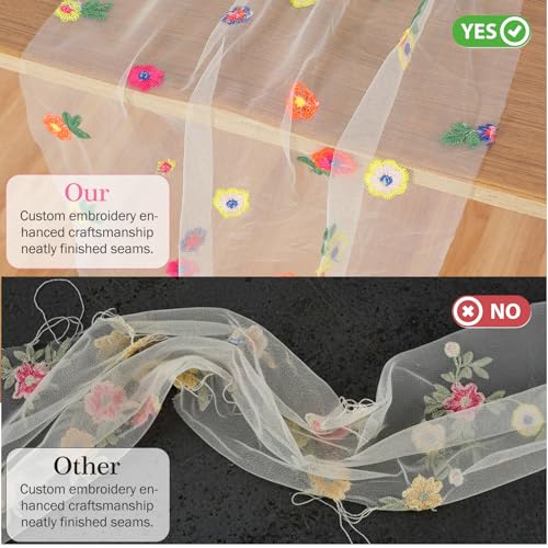 Champagne Embroidered Floral Table Runner Sheer Daisy Dining Decor