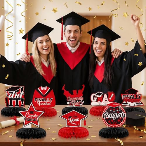 9pcs Graduation Honeycomb Centerpieces Red and Black Table Toppers